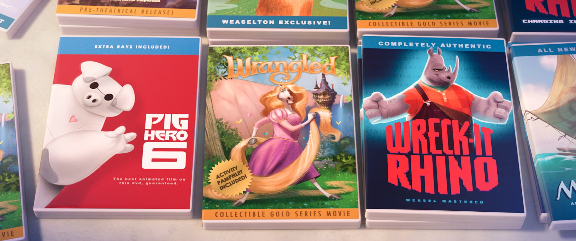 ZOOTOPIA – Easter Eggs: Weaselton Bootleg DVDs of PIG HERO 6, WRANGLED, WRECK-IT RHINO. ©2016 Disney. All Rights Reserved.