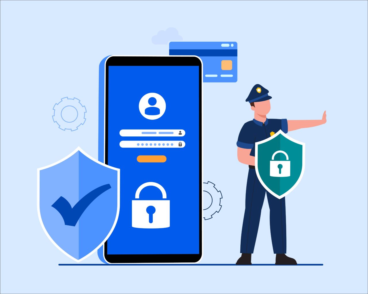  segurança na internet: policial protegendo celular e cartão de crédito